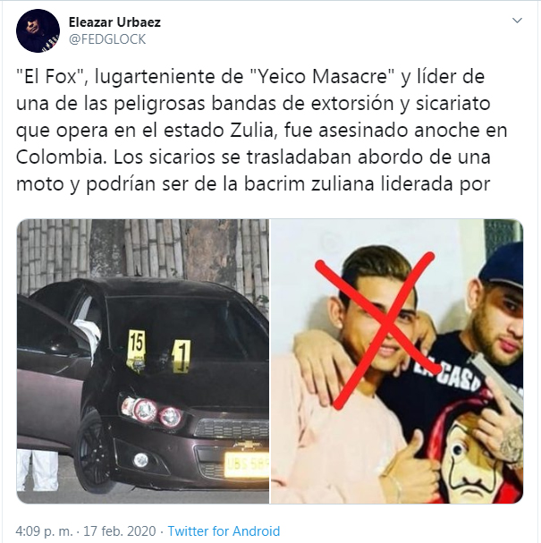 Trino de Elcazar Urbaez que relaciona el hecho violento con la banda ‘Yeico Masacre’. En la foto, alias ‘Fox’.