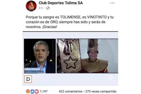 TOMADA DE LA CUENTA EN FACEBOOK DEL CLUB DEPORTES TOLIMA - EL NUEVO DÍA
