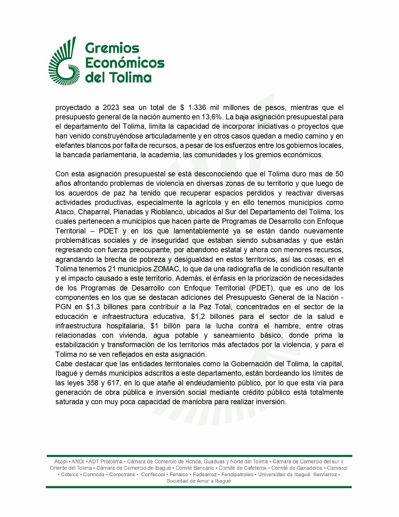 Esta es la carta que los Gremios Económicos del Tolima le enviaron al ministro de Hacienda