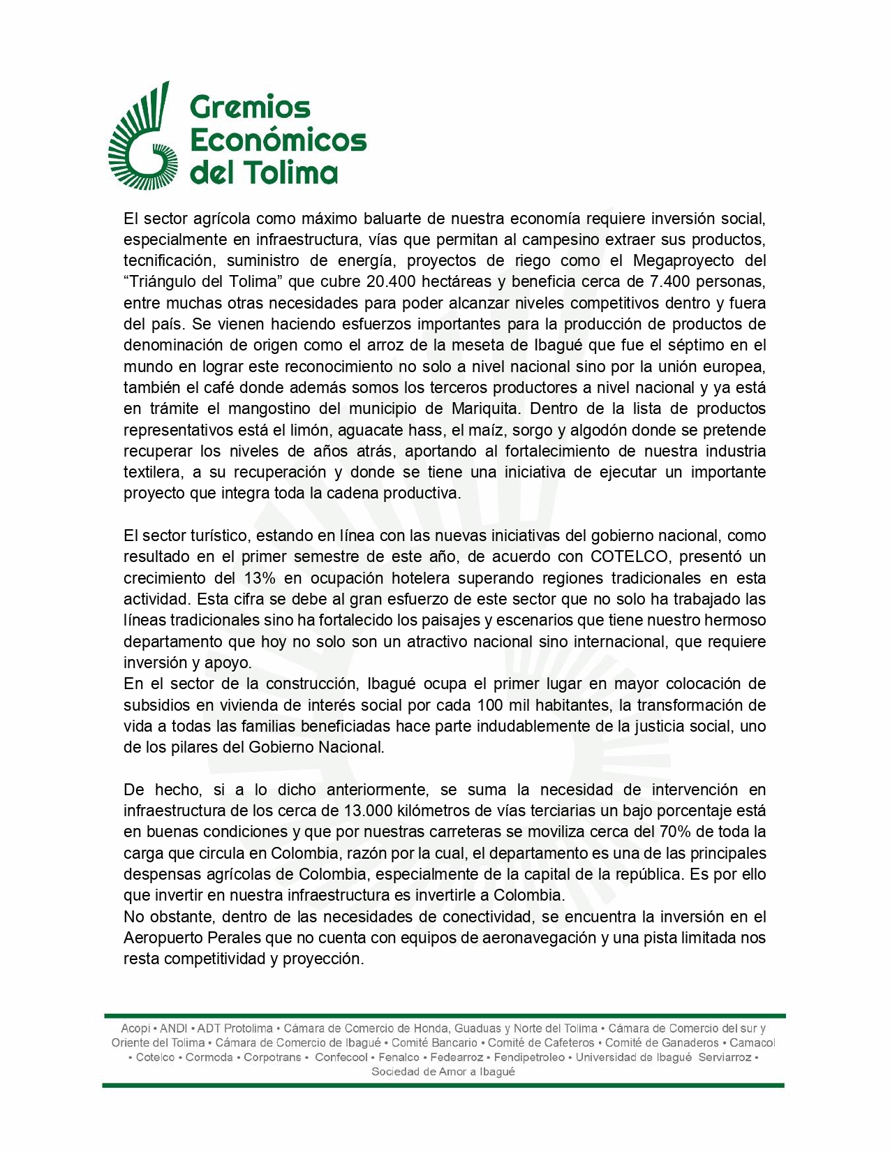 Esta es la carta que los Gremios Económicos del Tolima le enviaron al ministro de Hacienda