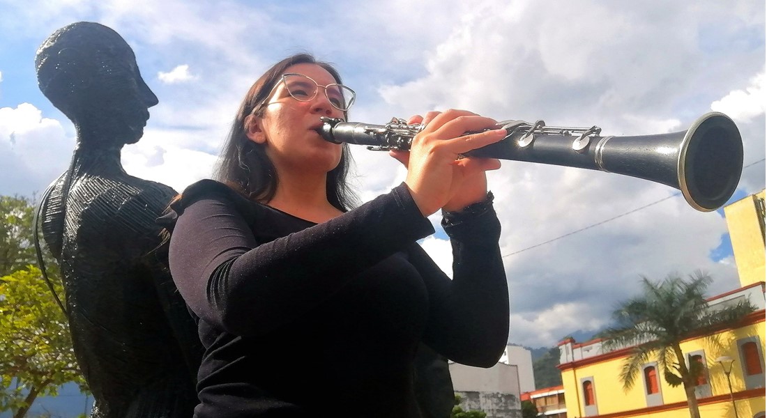 Estudiantes que forman parte de la Sinfónica del Tolima interpretando sus instrumentos musicales.   