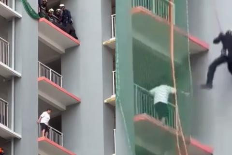 Mujer casi toma decisión fatal desde balcón, ¡con increíble maniobra evitaron que se lanzara!