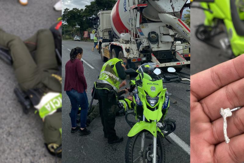 Tremendo trancón en la Mirolindo por choque entre moto de la policía y camión de Cemex