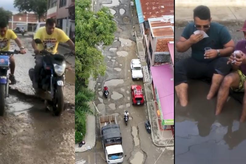 Gracias a tremendos huecos en calle de Ibagué, influencers armaron pista de motocross extrema